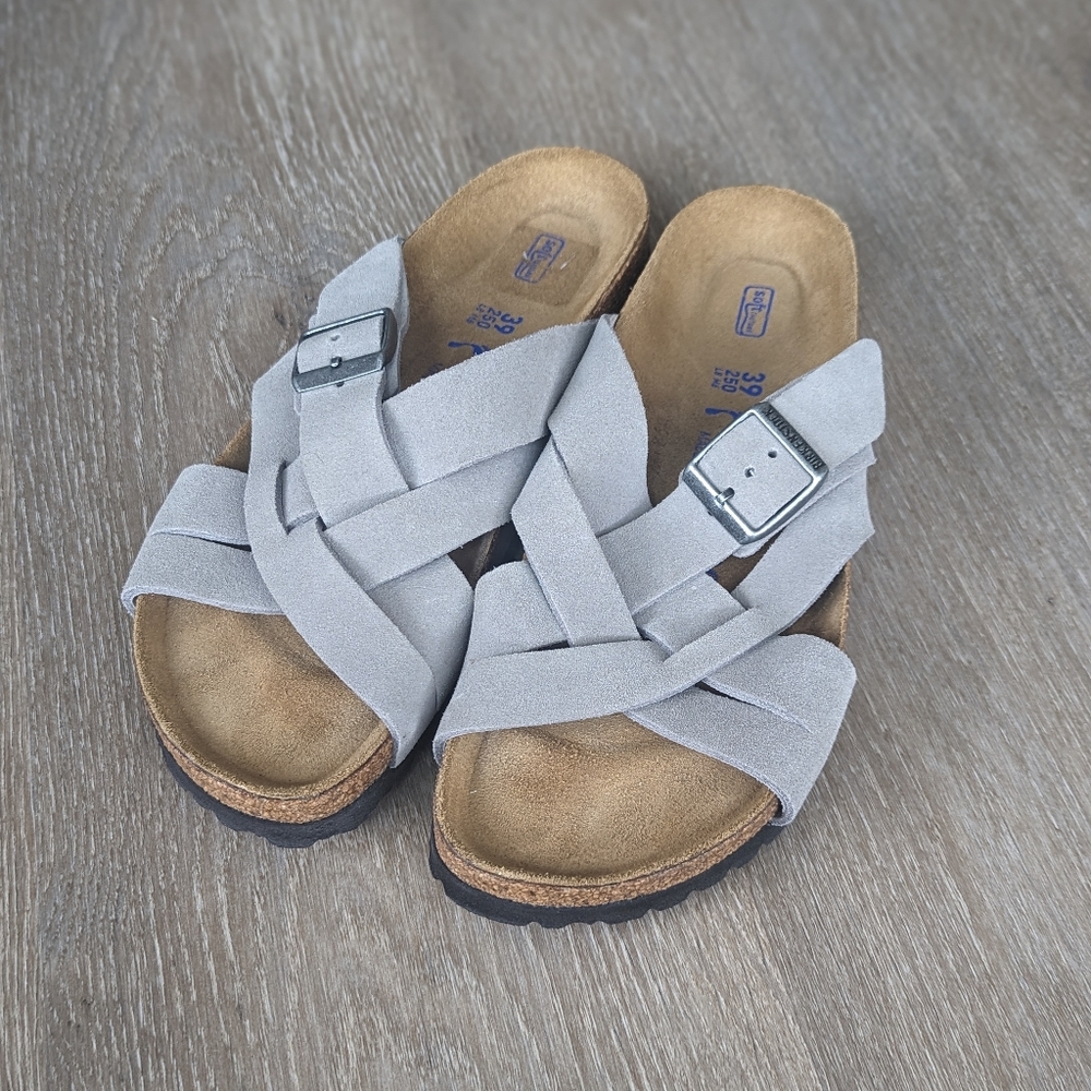 Birkenstock Lugano 39 250 L8 M6 Soft Footbed Suede Leather Stone Coin